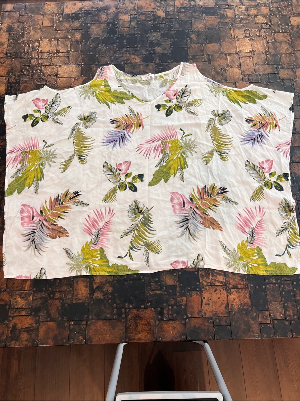 Umgee White Floral Leaf Print Blouse with Pink and Green Accents